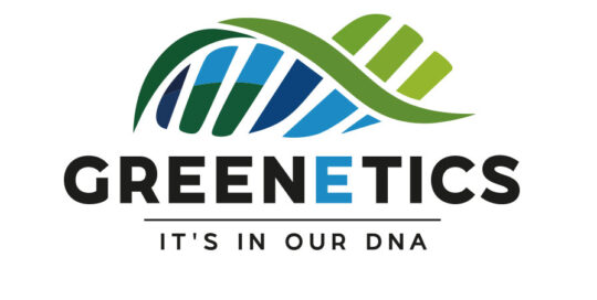 Logo ontwerp Greenetics — duurzaam bedrijfslogo met DNA-helix in groen en blauw
