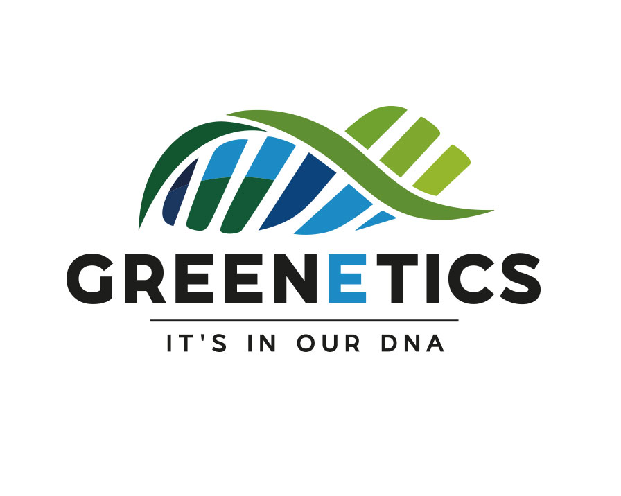 Logo ontwerp Greenetics — duurzaam bedrijfslogo met DNA-helix in groen en blauw