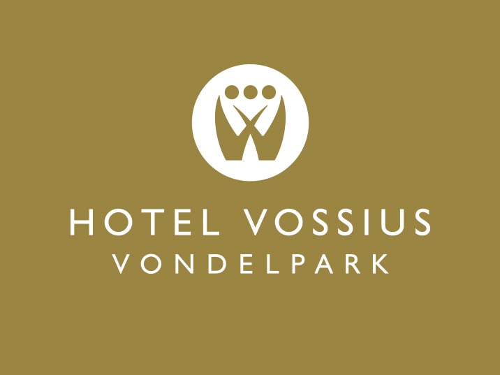 Hotel logo Vossius Vondelpark, witte kroonvorm in cirkel op goudkleurige achtergrond