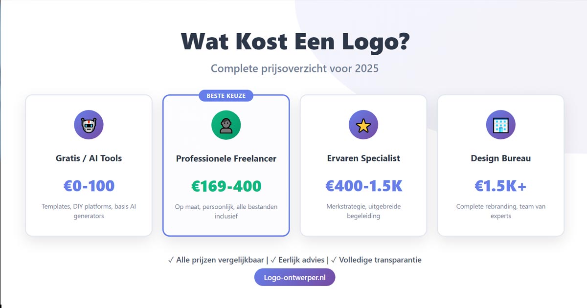 Infographic met vier logo prijscategorieën: gratis AI tools (€0-100), professionele freelancer (€169-400), ervaren specialist (€400-1500) en designbureau (€1500+)