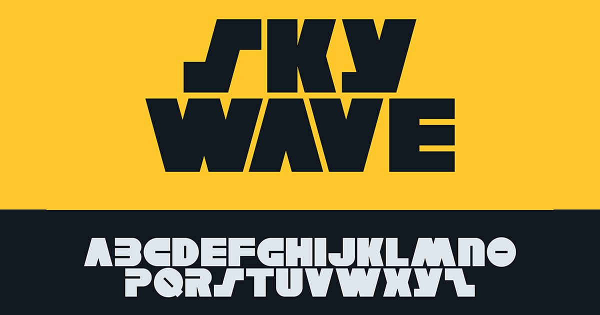 Voorbeeld van een bold display lettertype voor logo ontwerp met het SKY WAVE lettertype op gele en donkerblauwe achtergrond