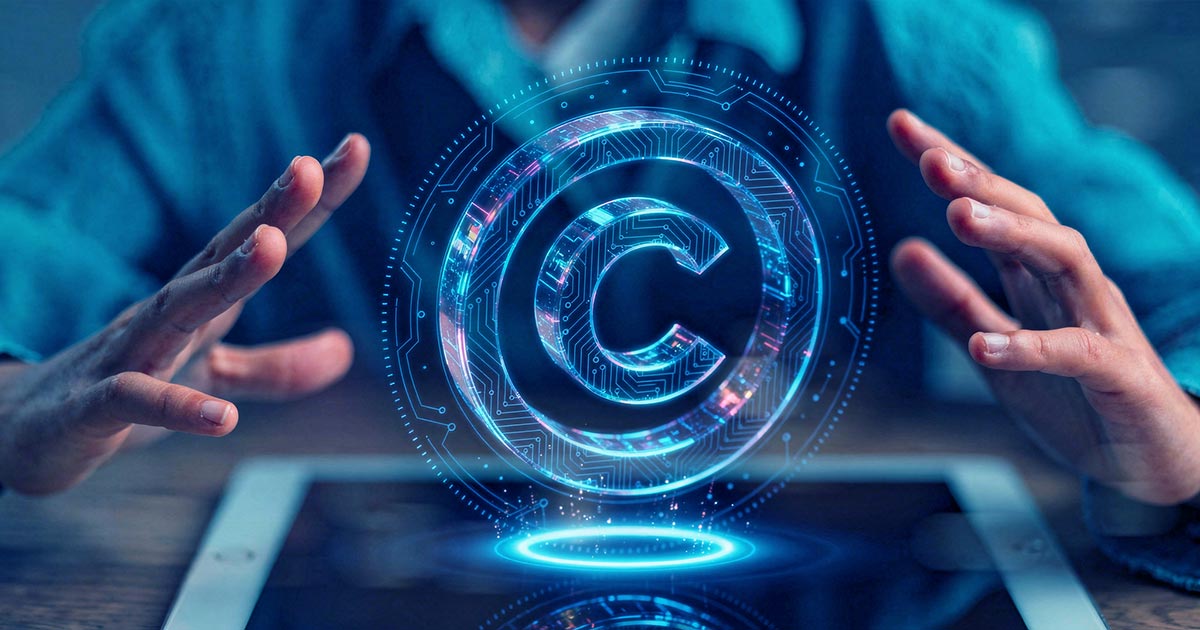 Holografisch copyright-symbool boven een tablet, als illustratie van auteursrecht en juridische bescherming bij AI-gegenereerde logo's