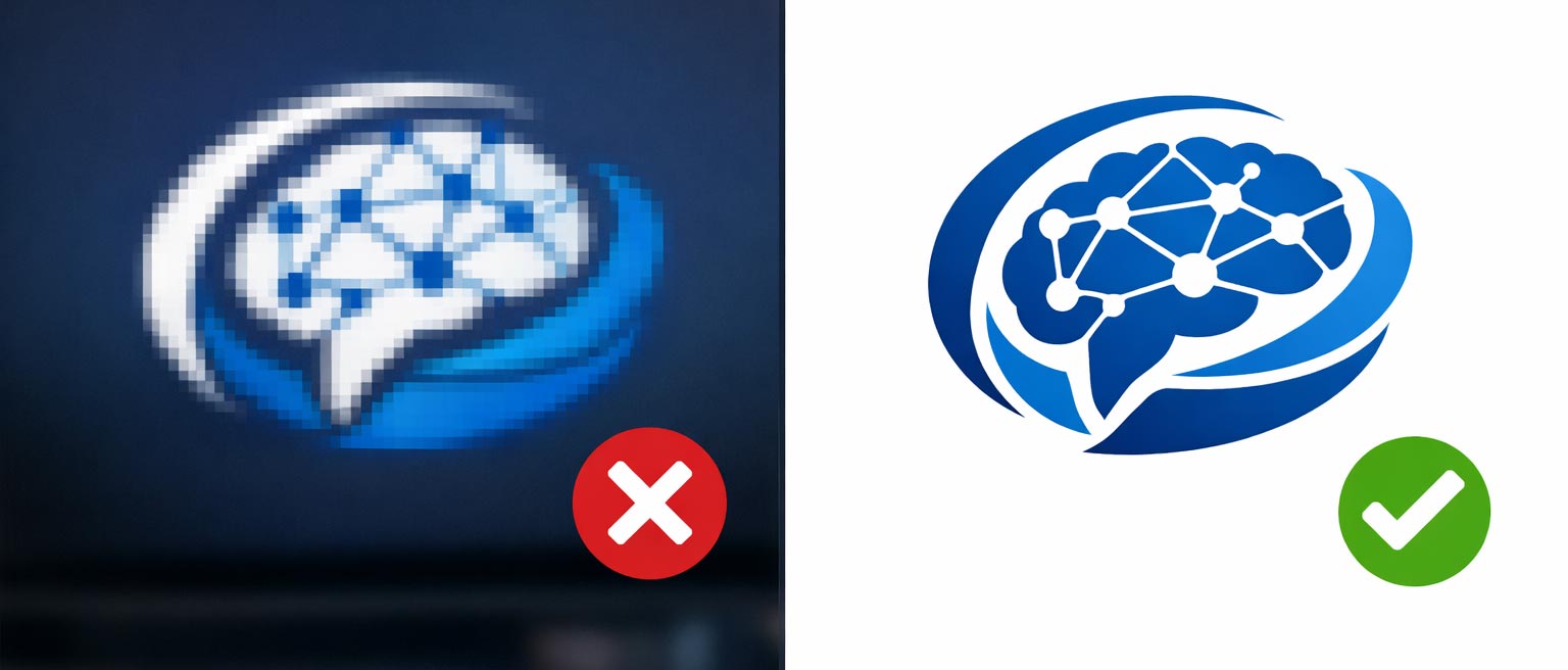 Vergelijking tussen een wazig AI-gegenereerd logo en een scherp professioneel vectorlogo