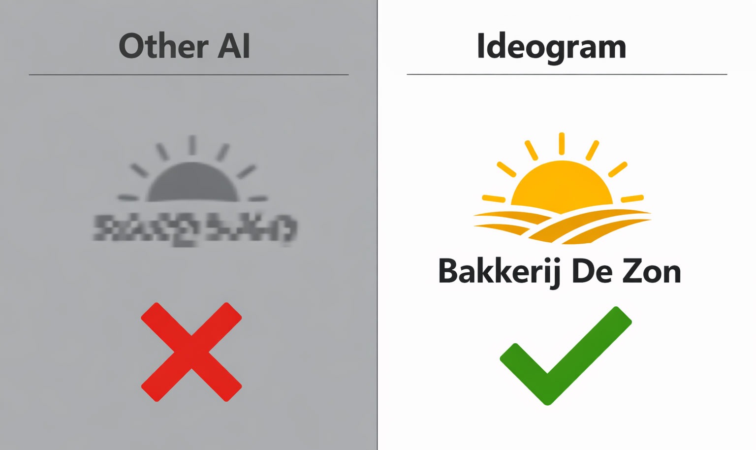 Vergelijking tussen een wazig onleesbaar AI-logo en een scherp leesbaar Ideogram-logo van Bakkerij De Zon