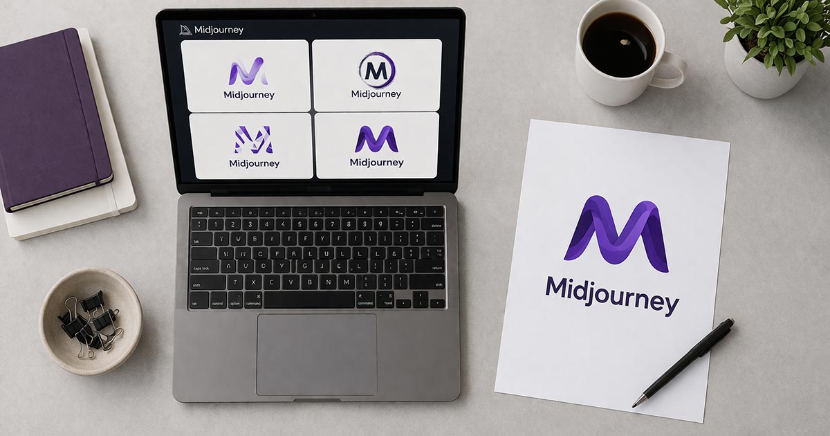 Laptop met vier Midjourney logo concepten op het scherm en een uitgeprint logo ontwerp op papier ernaast