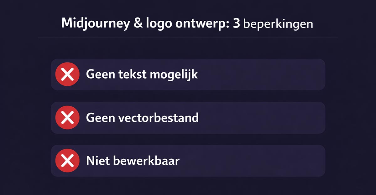 Infographic met drie beperkingen van Midjourney voor logo-ontwerp: geen tekst, geen vectorbestand en niet bewerkbaar