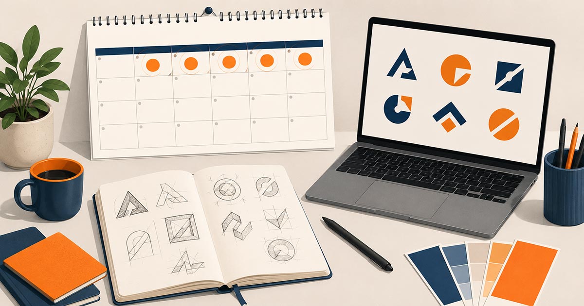 Schetsboek met logo concepten en kalender die de 5 werkdagen doorlooptijd van een logo ontwerp illustreert