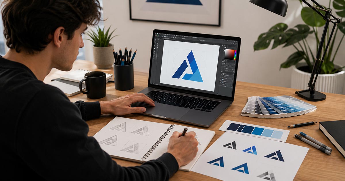 Grafisch ontwerp student werkt aan logo concept op laptop met schetsboek en kleurstalen op bureau