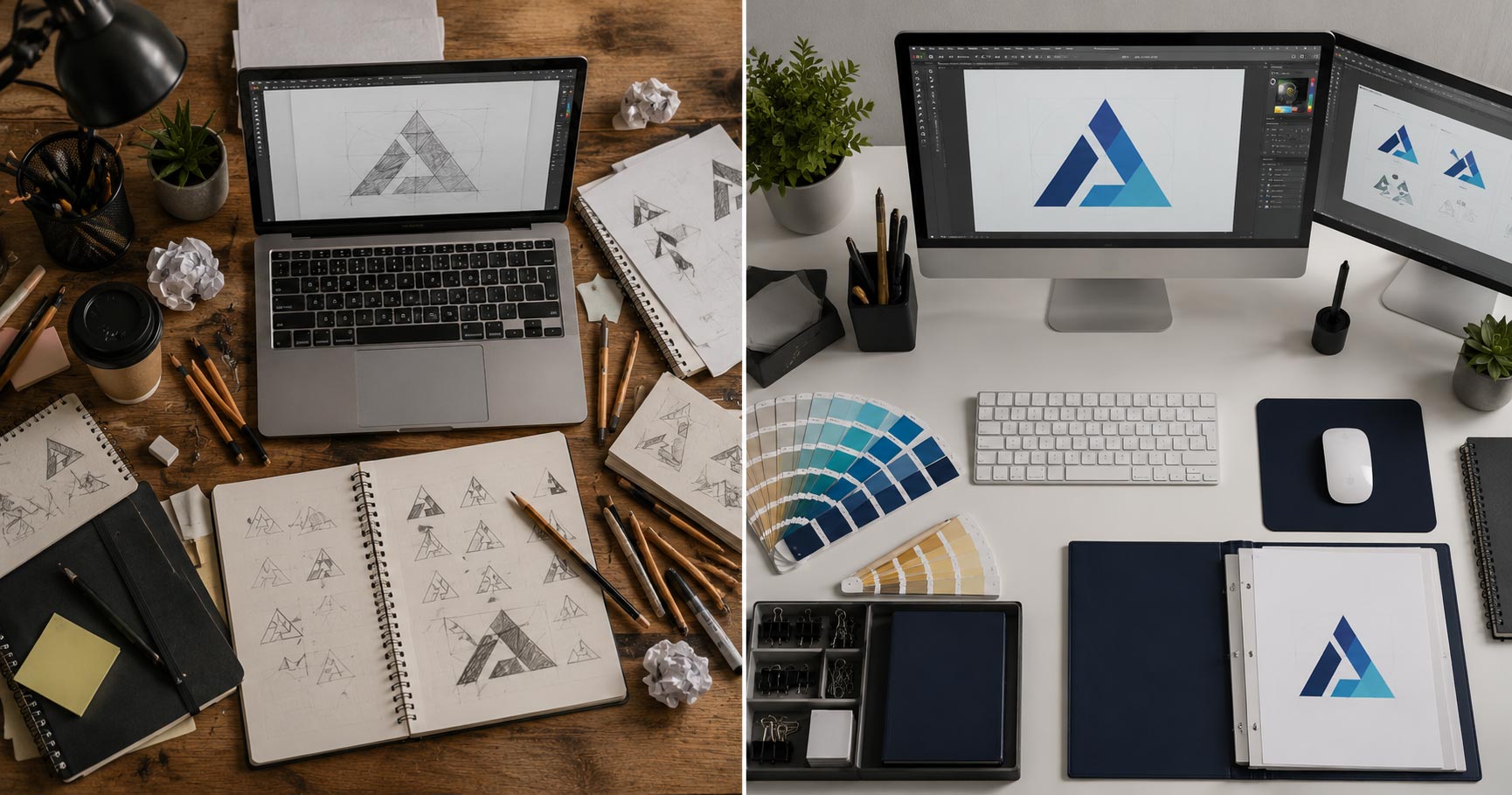 Vergelijking werkplek grafisch ontwerp student links en professioneel ontwerper rechts