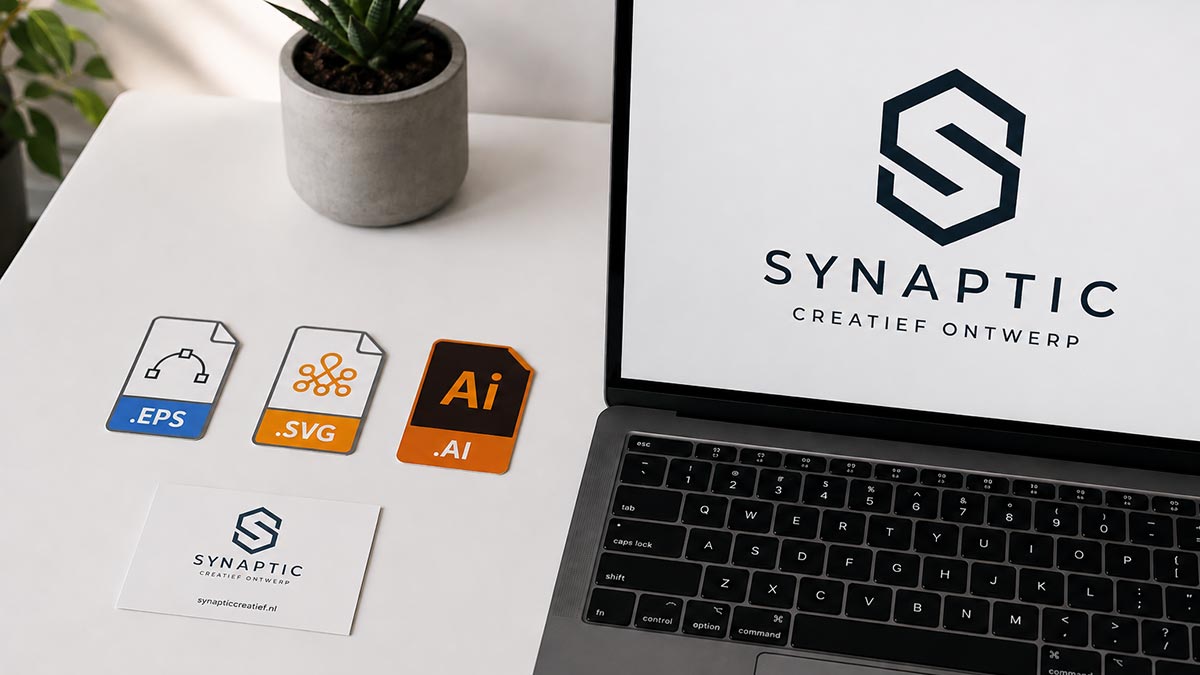 Vectorbestandsformaten EPS, SVG en AI naast visitekaartje en laptop — uitleg vector-logo