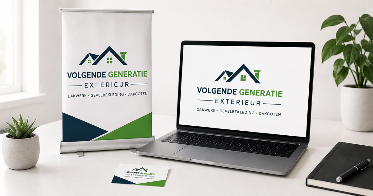 Vector-logo getoond op roll-up banner, laptop en visitekaartje — uitleg over AI, EPS en SVG bestandsformaten