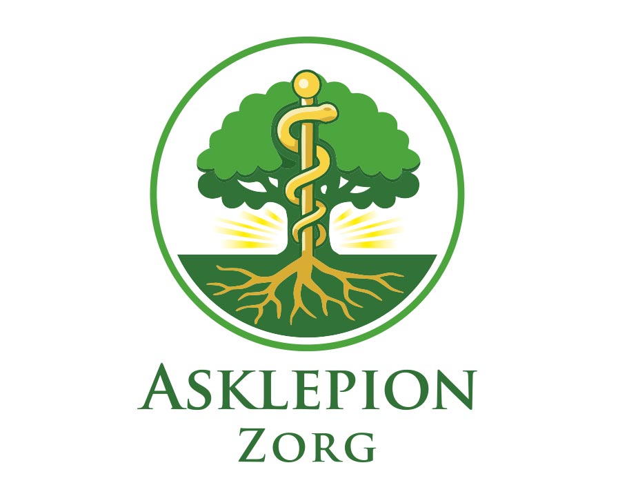 Logo ontwerp Asklepion Zorg — zorglogo met levensboom en staf van Asklepios in groen en goud