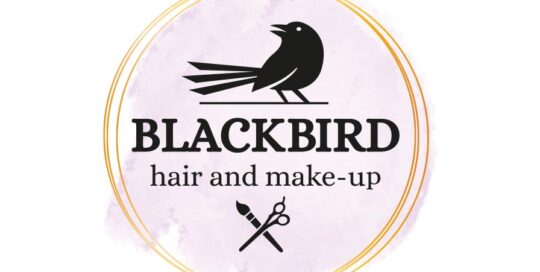 Logo ontwerp Blackbird Hair and Make-up — kapper en visagist logo met merel in goud en lila