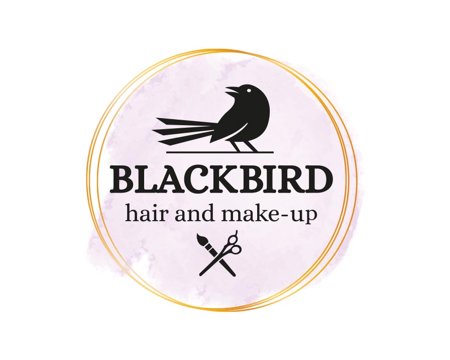 Logo ontwerp Blackbird Hair and Make-up — kapper en visagist logo met merel in goud en lila