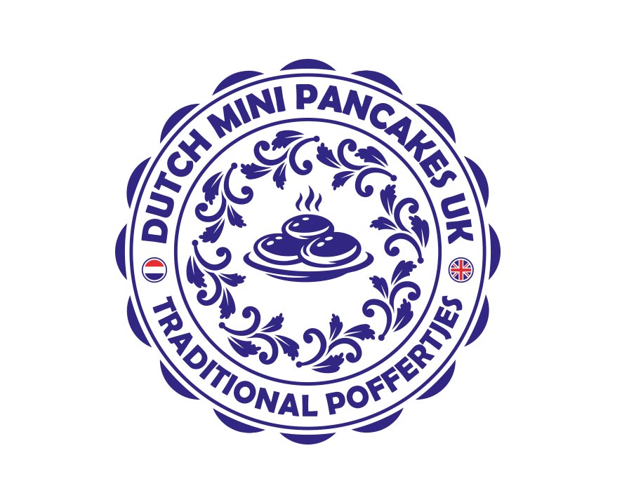 Logo ontwerp Dutch Mini Pancakes UK — poffertjeskraam logo met klassiek zegelmotief in kobaltblauw