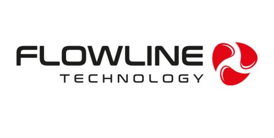 Logo ontwerp Flowline Technology — technisch bedrijfslogo met rotorbeeldmerk in rood en zwart