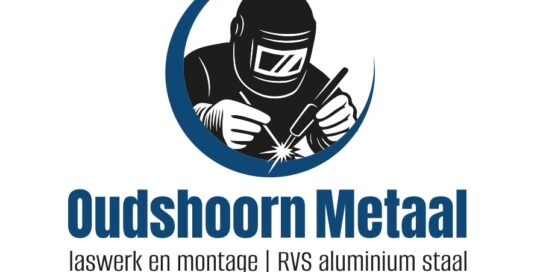 Logo ontwerp Oudshoorn Metaal — lasser logo met TIG-lasser illustratie in blauw en zwart
