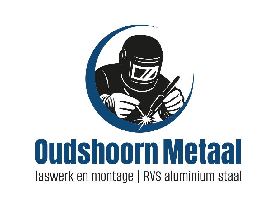 Logo ontwerp Oudshoorn Metaal — lasser logo met TIG-lasser illustratie in blauw en zwart