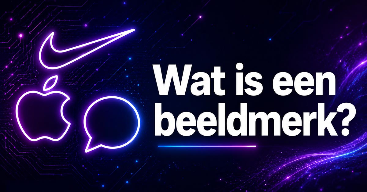 Wat is een beeldmerk? Bekende beeldmerken als Nike, Apple en een chatbel als neon outline illustratie.